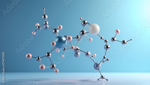 Minimal 3D illustration of connected molecules and atoms forming geometric shapes over a gradient scientific background.
