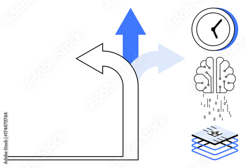 Arrows branching toward choices, clock symbolizing time, brain emitting binary for creativity and data layers. Ideal for decision-making, time management, innovation, strategy, planning, workflow