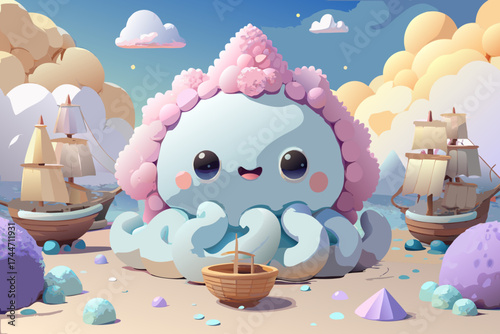 Cute blue octopus with pink hair on a beach with ships
