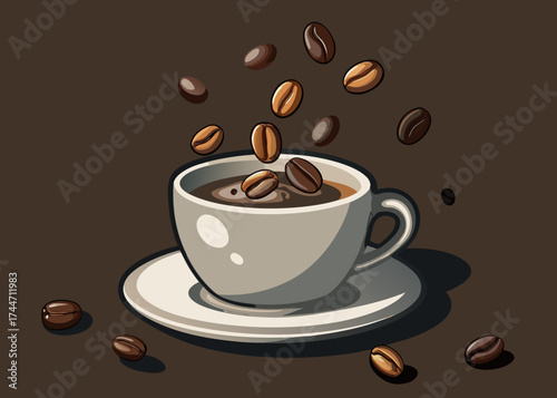 Fresh coffee beans falling into a cup of coffee