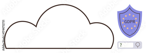 Cloud outline with GDPR shield and search bar symbolizing data protection, regulation, and compliance. Ideal for cybersecurity, legislation, privacy rights, online safety, lawful data usage, internet
