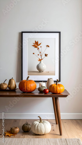 Autumnal Still Life with Pumpkins and Framed Artwork.