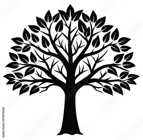 A minimalistic black silhouette of a tree's upper crown and branches with leaves, featuring a dense, graphic style against a white background.