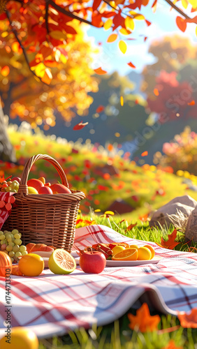 Autumn Picnic in a Vibrant Park with Basket and Food on a Plaid Blanket Under Falling Leaves.