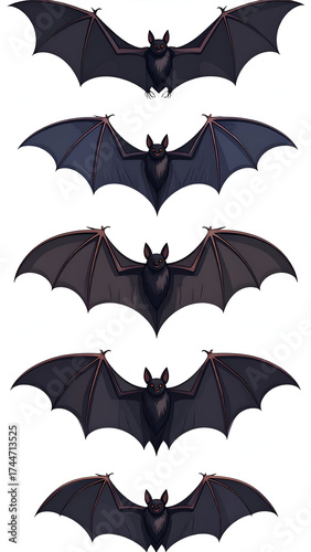 Five Black Bats in Flight Against a White Background.