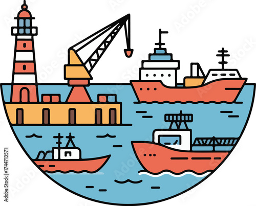 Harbor illustration with a lighthouse, cranes, and various ships on the water