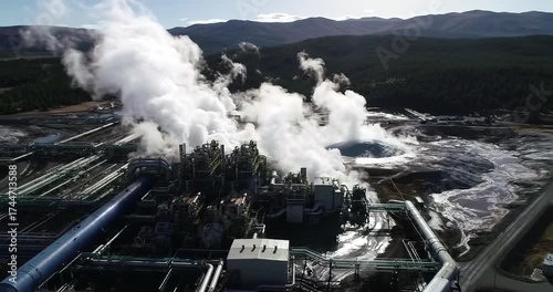 Geothermal power plant generating steam in nature