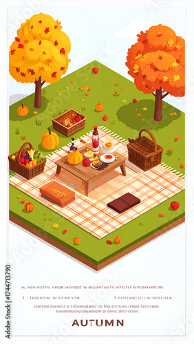 Autumn picnic scene with food and drinks on a checkered blanket in a park.