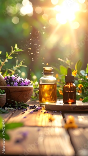 Essential oil bottles and lavender in natural outdoor setting