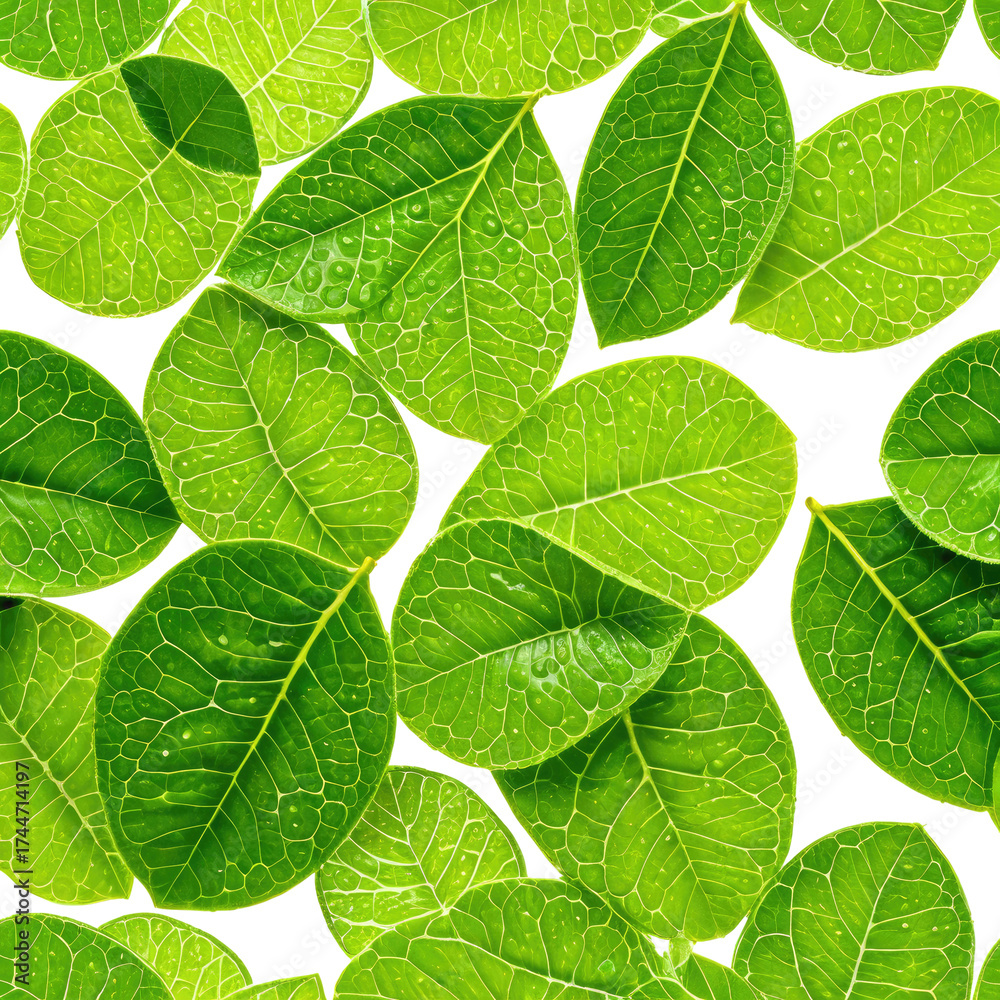 Fototapeta premium Fresh, green leaves arranged closely. Water droplets on leaves