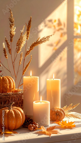 Cozy Autumn Still Life with Lit Candles, Pumpkins, and Dried Grasses in Warm Sunlight.