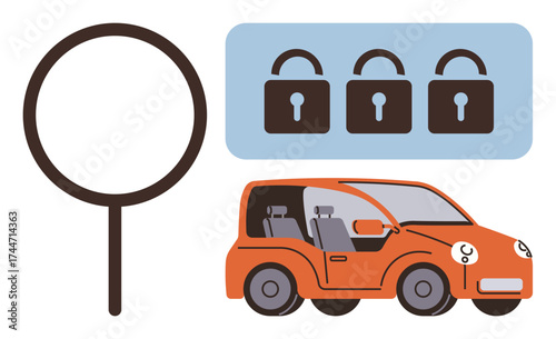 Magnifying glass, three locks, and orange car highlight automobile safety, data analysis, cybersecurity, and vehicle inspection. Ideal for technology, protection, automotive innovation