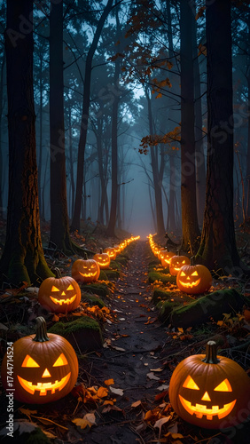 Glowing Jack O Lanterns on a Spooky Forest Path.