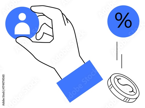 Hand holding profile icon with percentage symbol and falling coin, representing user acquisition, value, and cost. Ideal for customer analysis, marketing, business growth, economy, management