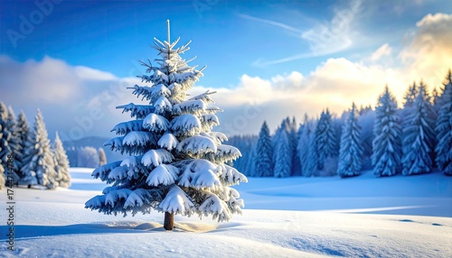 Snow Covered Evergreen Tree in Winter Landscape with Blue Sky and Soft Sunlight at Dawn or Dusk Forest Scene and Serene Snowy Ambiance