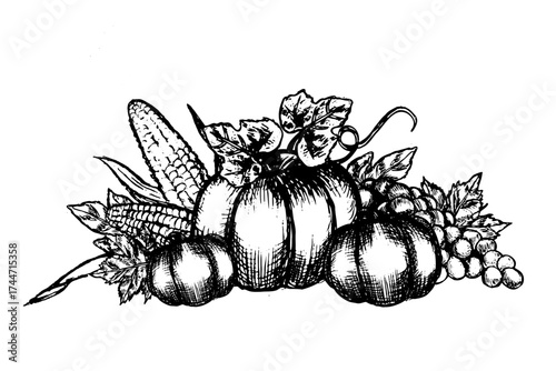 Compositions for Harvest festival - Pumpkins, grape and corns in vintage botanical linear style. Harvest border outline.