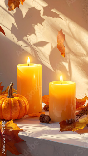 Warm Autumn Glow with Candles, Pumpkin, and Falling Leaves.