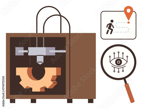 3D printer forming a gear, location path marker with human, magnifying glass over eye with circuits. Ideal for technology, innovation, manufacturing, engineering, digital design, creativity simple