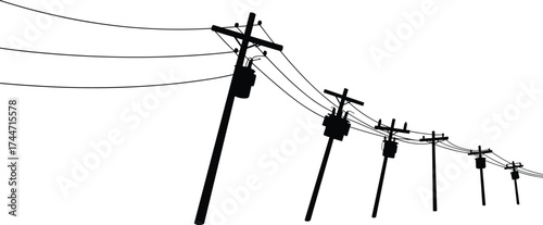 Utility poles, power lines, electrical grid, energy infrastructure, electricity distribution, rural landscape, industrial design, high voltage, transmission towers