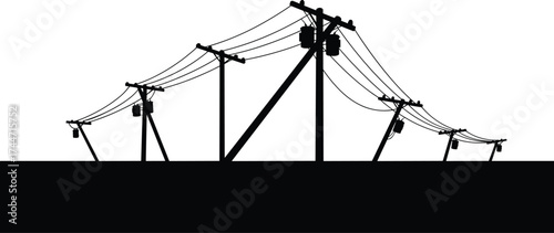 Utility poles silhouette, power lines infrastructure, damaged leaning poles, rural electricity network, industrial energy supply, urban decay concept, electrical grid, infrastructure failure