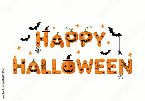 "Happy Halloween" text design featuring pumpkin faces, bats, spiders, and stars against a white background.