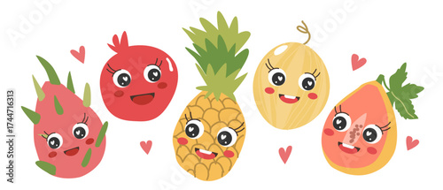 Kawaii tropical fruits isolated on white background. Cartoon dragon fruit, pineapple, melon, pomegranate, and papaya with cute happy faces. Colorful flat vector illustration in hand drawn doodle style