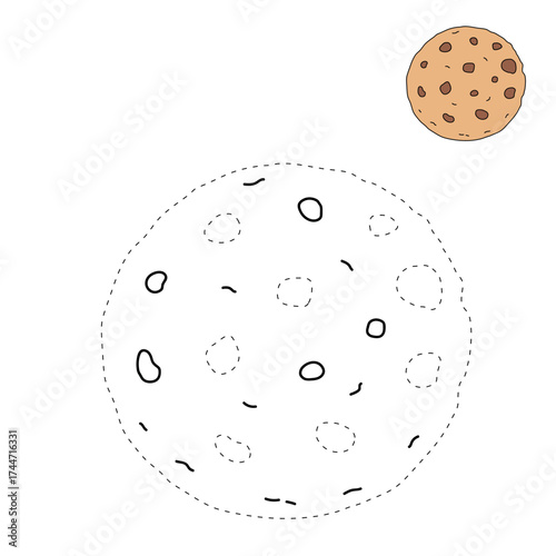 Cookies with chocochip trace and coloring page for kids in flat style vector illustration