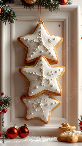Hanging Christmas Star Cookies with White Icing and Festive Decorations.