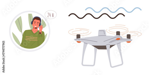 quadcopter flying with signal waves in the air and a customer service agent communicating through a headset. Ideal for customer support, technology, innovation, communication, remote assistance