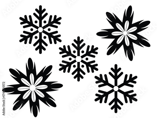 Set of Black Snowflakes on a White Background