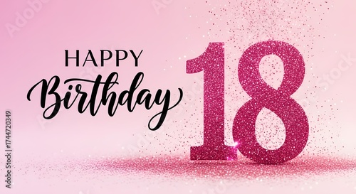 Happy 18th birthday celebration with pink glitter numbers and confetti on a soft pink background, a milestone event