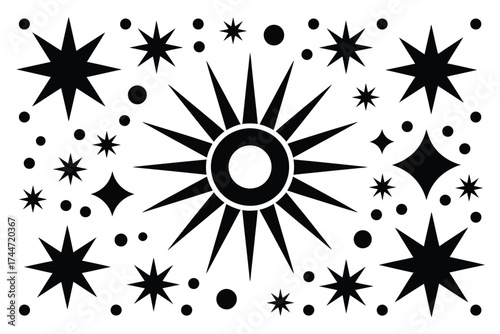 Celestial Abstract Design with Sparkling Stars and Radiant Sun-like Symbol in a Whimsical Night Sky Pattern, Perfect for Decorative and Artistic Projects