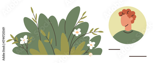 A smiling profile avatar beside lush green foliage with delicate white flowers and grass blades. Ideal for nature, eco-friendliness, sustainability, wellness, environmental awareness, gardening
