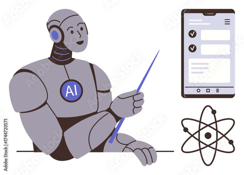 Robot with AI label uses pointer, highlighting mobile interface with tasks and atomic diagram. Ideal for technology, education, innovation, AI, science, research and productivity. Simple flat