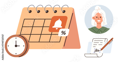 Calendar with a reminder bell and discount tag, analog clock, signed document with a pen, and smiling woman portrait. Ideal for planning, scheduling, deadlines, reminders, organization productivity