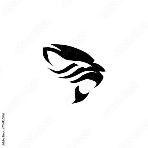 A dynamic black silhouette of a fierce big cat's head, possibly a panther, with flowing, abstract lines. Represents speed, power, and modern identity.