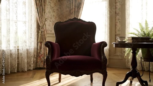 Sun-Drenched Victorian Room Featuring an Empty Vintage Armchair and Elegant Pedestal