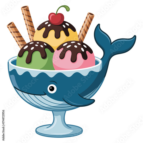 A whimsical illustration of a whale-shaped ice cream sundae, a delightful and creative treat