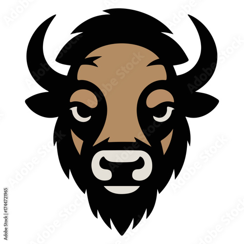 A simplified illustration of a bison, showcasing its head with attention to detail. The design highlights its features 