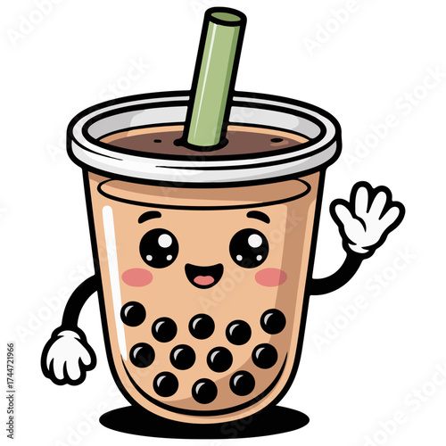 A cartoon of a bubble tea smiling and waving its hand in delight. This delightful image is perfect for any project!