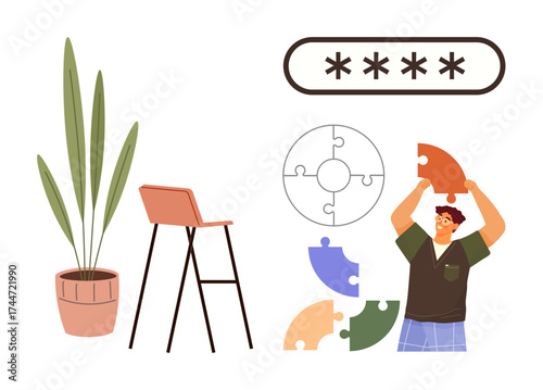 Man assembling colorful puzzle pieces with password bar, plant, and stool nearby. Ideal for problem-solving, creativity, brainstorming, teamwork, security planning and logic. Simple flat metaphor