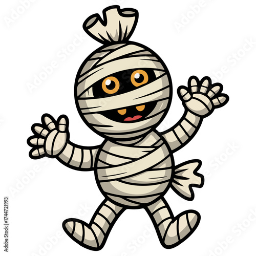 A cartoon mummy is a humorous figure with bandages and a friendly expression, bringing smiles and spooky delight to Halloween enthusiasts