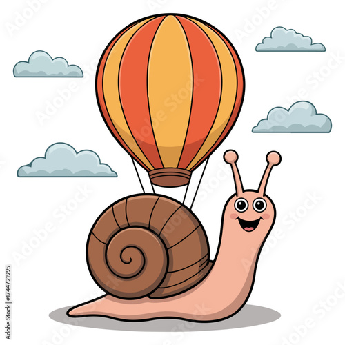 An illustration of a cheerful snail flying high with a colorful air balloon