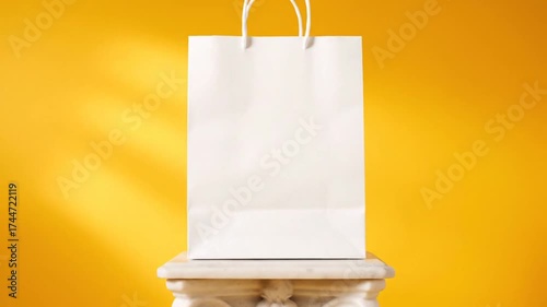 Elegant Unmarked Shopping Bag Slowly Placed on Pedestal in Bright Yellow Studio