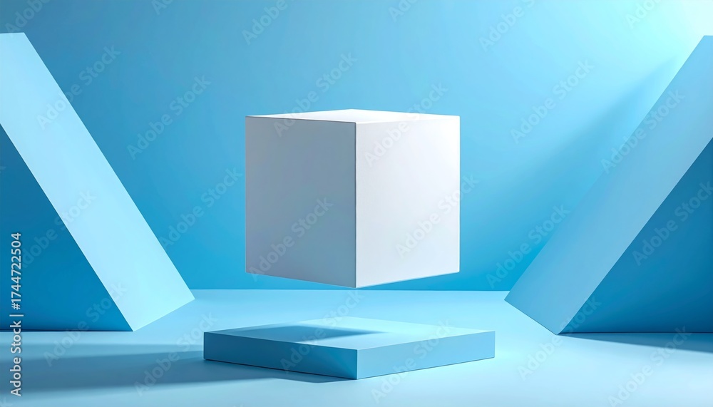Fototapeta premium Unbranded white cube floating in mid-air surrounded by minimal geometric shapes