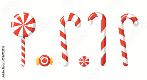 A festive collection of red and white striped candies including candy canes and lollipops for the holidays.