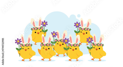 A group of happy yellow chicks wearing bunny ears and flower crowns celebrating springtime.