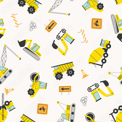 CONSTRUCTION SITE seamless pattern illustration vector cute kiddy decorative background wallpaper with various vehicles