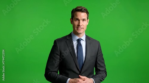 Professional Man in Suit Speaking on Green Screen.