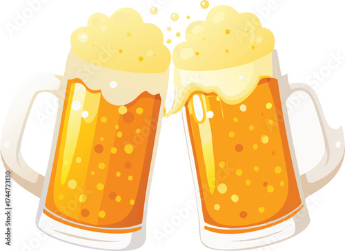 Two tall mugs of frothy golden beer clinking together in celebration vector